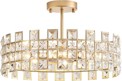 CATINER Gold Crystal Chandelier 18'' Round, Modern 6-Light Semi Flush Mount Ceiling Light, Adjustable Hanging Crystal Pendant Light with G9 Base for Kitchen Island, Dining Room, Bedroom, Entryway