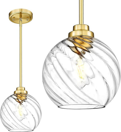 8 Inch Modern Farmhouse Pendant for Kitchen Island, Adjustable Height Hanging Fixture with Ribbed Glass, Gold Finish, Dining Room Entryway - PL101SBG-L
