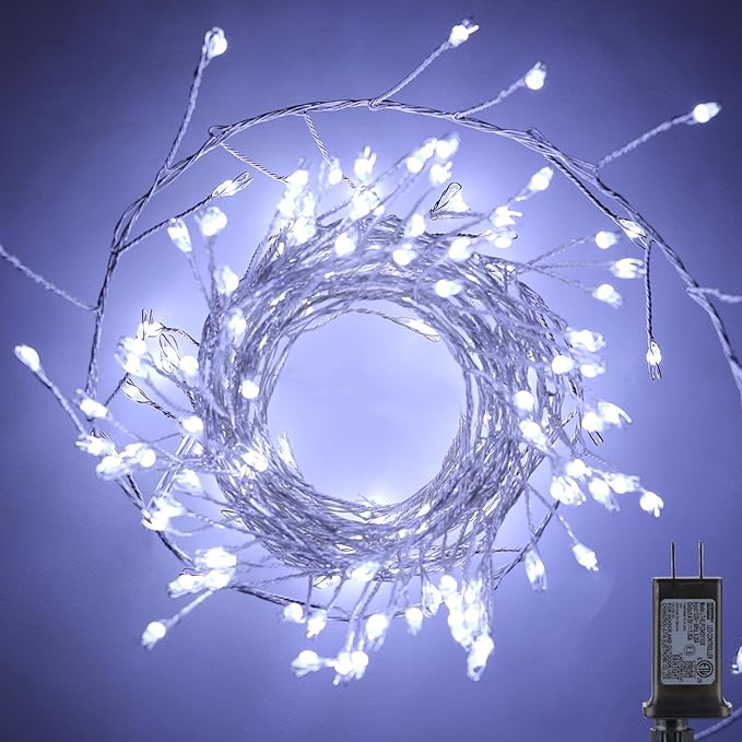 Minetom Fairy Lights Plug in, 10Feet 200LED Cluster String Lights, Silver Wire Waterproof Starry Firecracker Lights for Ceiling Bedroom Wreath Window Wedding Christmas Tree Decorations, Pure White