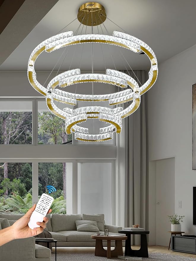 D40''+D27.5''+D15.7'' Modern Gold 3 Ring Crystal Chandeliers for Living Room Crystal Pendant Light Foyer Entrance LED Dimmable 3000-6000K Fixtures