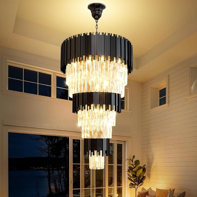 Large 8-Tier Crystal Chandeliers, 24in Black Crystal Chandelier, Luxury Round Adjustable Height Chandelier Lighting Fixture for High Ceiling, Entryway, Foyer