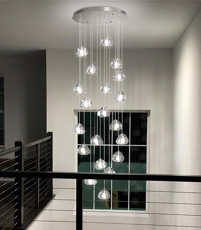 HAIXIANG LED Glam Chandelier 118 inches Long Light Luxury Crystal Ceiling Chandeliers Remote Dimmable High Ceiling Pendants Lighting Fixtures Brushed Nickel 15 Lights