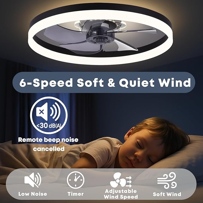 Fszdorj 20'' Ceiling Fan with Light, Upgraded Low Profile Fan, Flush Mount Ceiling Fan, 6 Speeds, Dimmable LED, App & Remote Control, Quiet DC Motor, for Bedroom, Living Room, F115 Black
