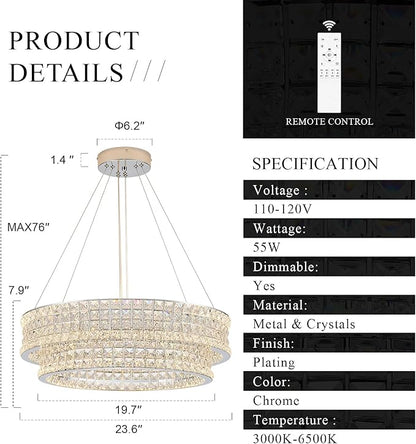 24’’ Crystal LED Chandelier 2-Tier with Remote Control Dimmable 3000-6500K Contemporary Luxury Chandeliers Modern Chrome Light Fixture for Dining Living Room Kitchen Island Foyer Entryway
