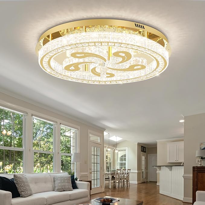 Modern Crystal Chandeliers for Dining Room Flush Mount Ceiling Chandelier for Living Room Dining Room Ring LED Crystal Ceiling Light (Round,32in Gold,Dimmable 2700K-6500K)