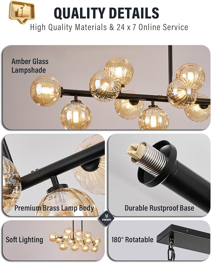Large Linear Chandeliers for Dining Room Kitchen Island, 55" Long Light Fixture Over Table, 16-Light Modern Globe Sputnik Farmhouse Chandelier, Black and Amber Bubble, GC-08