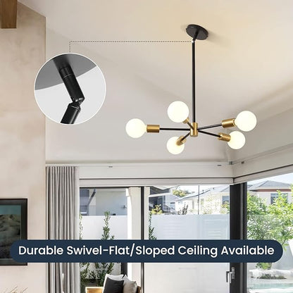 RUIYEY Modern Sputnik Light Fixture,Semi Flush Mount Ceiling Light Black and Gold Mid Century Chandeliers for Bedroom,Dining Room,Kitchen Island,Living Room,Bedroom,Farmhouse