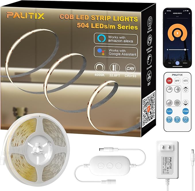 PAUTIX COB LED Strip Light 4000K,32.8ft/10m Dimmable DC24V Natural White LED Strip Lights,CRI93+ Super Bright High Lumen Tape Lights Kit,Work with Alexa/Google Assistant for Home&Office DIY Lighting