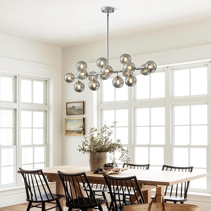 16-Light Mid Century Modern Chandelier: 39.4" Long Linear Chrome Sputnik Chandeliers - Smoke Grey Glass Globe Dining Room Light Fixture - Silver Adjustable Chandelier for Living Room Kitchen Island