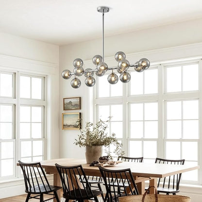 16-Light Mid Century Modern Chandelier: 39.4" Long Linear Chrome Sputnik Chandeliers - Smoke Grey Glass Globe Dining Room Light Fixture - Silver Adjustable Chandelier for Living Room Kitchen Island