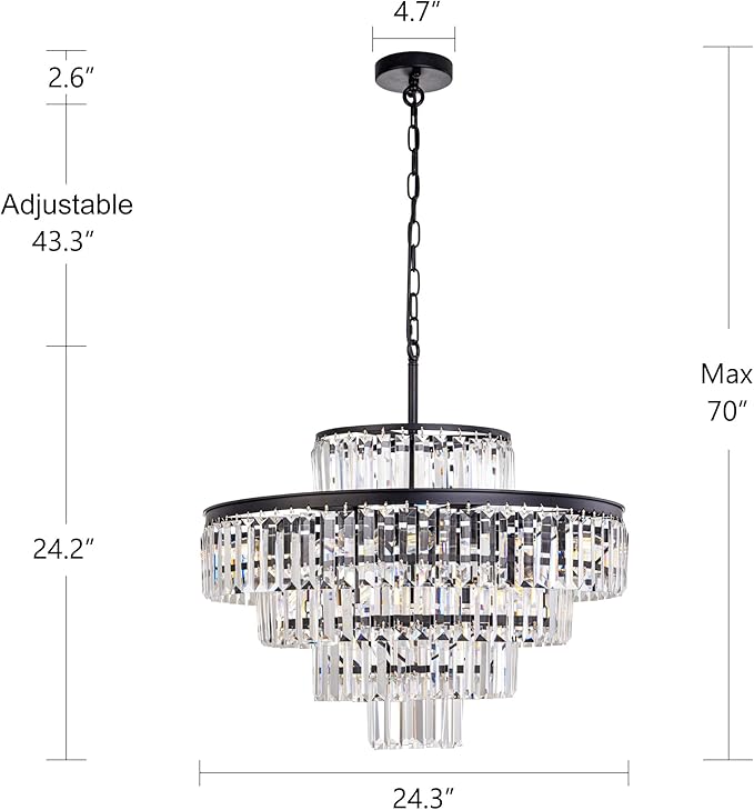 Wellmet Crystal Chandelier, Modern Vintage Pendant Light, 5-Tier Black Luxury Crystal Chandelier for Living Room, Dining Room, Entryway, Hallway, Corridor, Bedroom, 24''