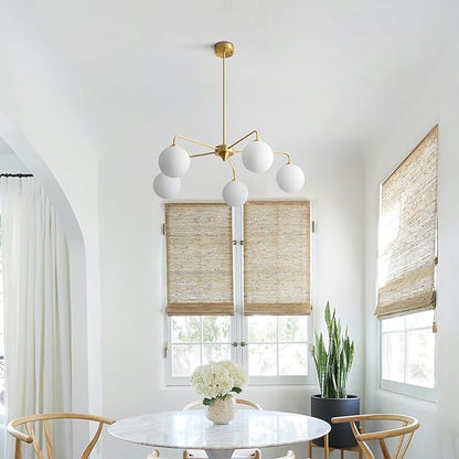 5 Light Modern Brass Chandelier Mid Century Gold Ceiling Light Fixture White Glass Globe Sputnik Chandelier for Dining Room Bedroom Kitchen