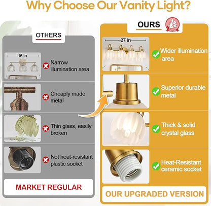 4-Light Bathroom Light Fixtures, 27" Brushed Gold Vanity Lights for Bathroom with Ribbed Frosted Clear Tulip Glass Shade, Vintage Bathroom Vanity Lighting Fixtures Over Mirror for Living Room Hallway