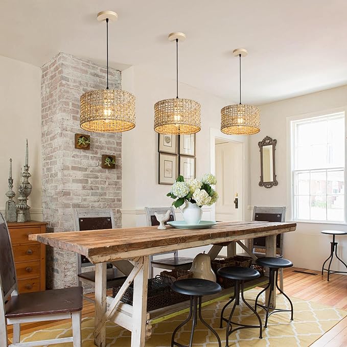 Hand-Woven Rattan Pendant Light, 11.8" Bohemian 1-Light Natural Wicker Hanging Lighting Fixture Ceiling Farmhouse Basket Hanging Lamp Chandelier for Kitchen Island, Living Dining Room