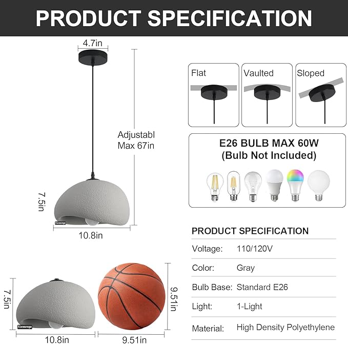 11.8in Wabi Sabi Pendant Light, Kitchen Island Lighting Fixture Ceiling Mount Japanese Lamp Japandi Chandelier for Dining Living Room Hallway Bedroom Restaurant Hanging Lamp, Grey 1 Pack