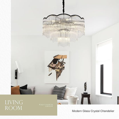 27.75" Black Clear Glass Crystal Chandelier 14-Light Modern Crystal Pendant Ceiling Light Fixture 4-Tier Luxury Glass Chandeliers,for Dining Room Kitchen Island Living Room Bedroom