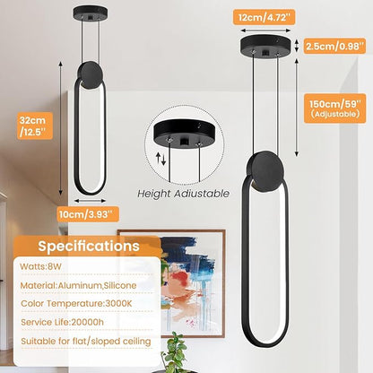 Modern Pendant Lights 2 Pack, Black LED Pendant Light 3000K Dimmable, Adjustable Height Oval Pendant Light Fixtures for Kitchen Island Bedroom Bathroom