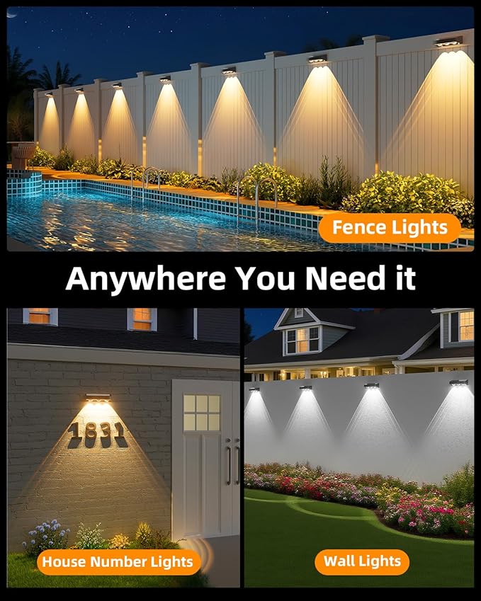 JOFIOS Solar Fence Lights Outdoor, 8 Pack, 9 Fixed Colors ＆ Color Changing Fence Lights Solar Powered Waterproof IP65 Dusk-to-Dawn LED Deck Lighting for Patio, Railing, Pool, Porch, Backyard, Wall