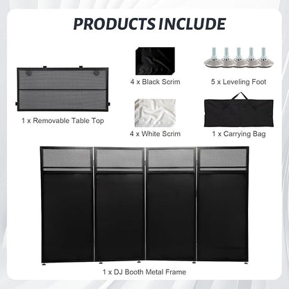 Portable DJ Booth Table Station 44"x42.2"x20.6", Foldable Metal Frame DJ Facade with Black & White Scrims, Detachable 40"x20" DJ Table, Adjustable Height, Carry Bag for Show, Party, Wedding, Events