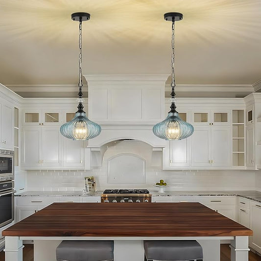 3-Light Chandelier,Black Farmhouse Pendant Light Fixture for Kitchen,Adjustable Hanging Lighting with Blue Glass Shade for Hallway Bedroom Entryway Dining Room Island
