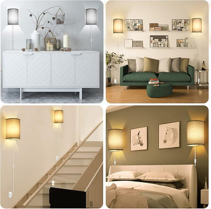 Wall Sconces Set of Two, Fabric Shades Plug in Wall Sconces, 3 Color Temperature Switching Modern Wall Light Fixtures, Wall Lamp with Plug in Cord, On/Off Switch Wall Lights for Bedroom Porch (Grey)