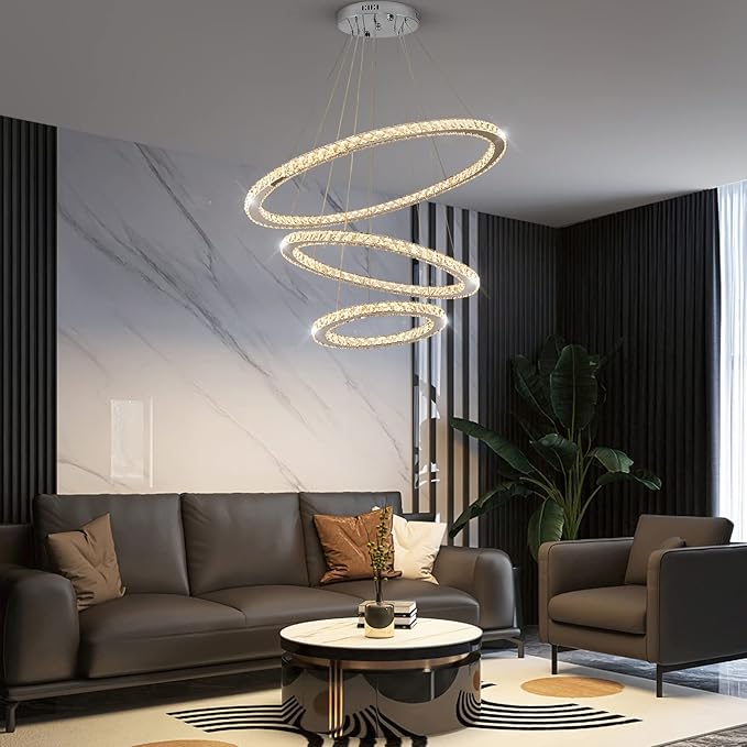 Siljoy LED Chandelier, Modern Ceiling Light Fixture with 3 Crystal Chandelier Lighting Rings, DIY & 3-Color Changing 3 Rings Adjustable Chandeliers for Living Room Dining Room Kitchen, D 12"-20"-28"