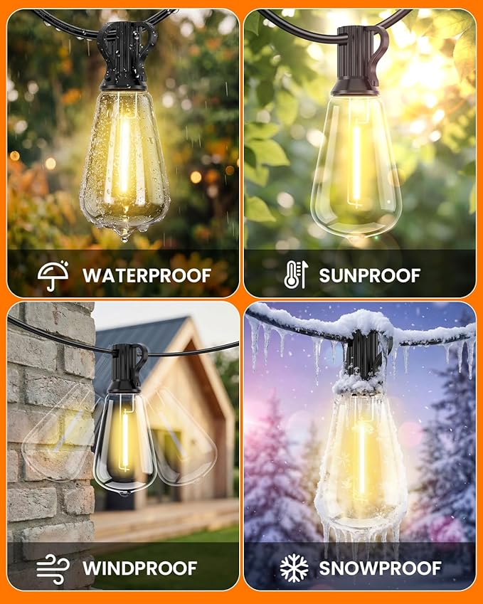 VOLIVO 100FT Outdoor String Lights for Patio, Waterproof Hanging Lights with 35+1 Shatterproof ST38 Edison Bulbs, Dimmable & Connectable Outside String Light for Backyard, Deck, Porch, Balcony