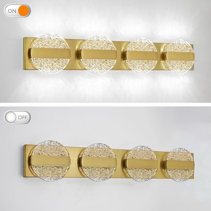 Luxury Brushed Gold Bathroom Vanity Light with High CRI 90+ LED for True Colors, 20W 6000K Cool White Modern Bathroom Lights Fixture Over Mirror for Makeup & Shaving