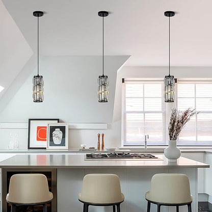 Black Pendant lamp Modern Pendant lamp, Mini Crystal Pendant Light, Adjustable Pendant Light for Kitchen, Dining Room, Bedroom(Black Pack of 2)