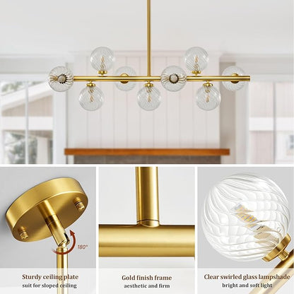 Mid Century Modern Sputnik Chandeliers: 9-Light Contemporary Linear Brass Gold Light Fixture for Dining Room Table - 40" Long Swirled Clear Glass Globe High Chandelier for Living Room Kitchen Island