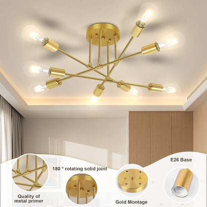 CANMEIJIA 8-Lights Gold Chandelier Sputnik Light Fixture, Sputnik Mount Chandelier Ceiling Lighting, Mid Century Ceiling Lights Fixtures for Bedroom, Dining Room, E26 Base, Bulbs Not Included