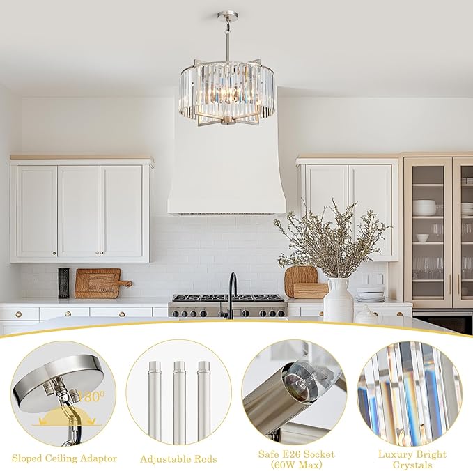 Crystal Dining Room Chandelier Light Fixture Modern Round Brushed Nickel Chandeliers for Kitchen Hallway Bedroom Foyer Living Room 5-Light 20 Inch Farmhouse Adjustable Height Hanging Light
