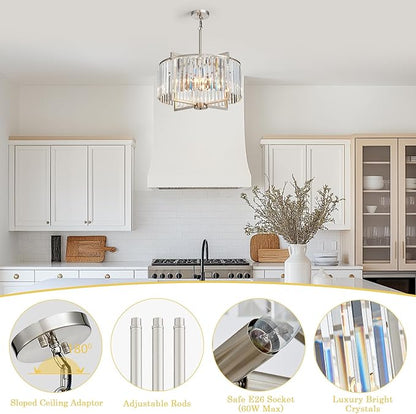 Crystal Dining Room Chandelier Light Fixture Modern Round Brushed Nickel Chandeliers for Kitchen Hallway Bedroom Foyer Living Room 5-Light 20 Inch Farmhouse Adjustable Height Hanging Light