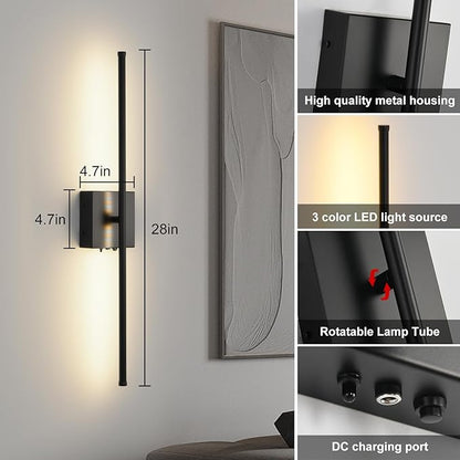 Battery Operated Wall Sconces with Remote Control, 11000mAh LED Wireless Rechargeable Black Wall Lights, 350°Rotate Dimmable Wall Lamp, 3 Color Temperatures, for Bedroom, Living Room, Hallway, 2 PCS