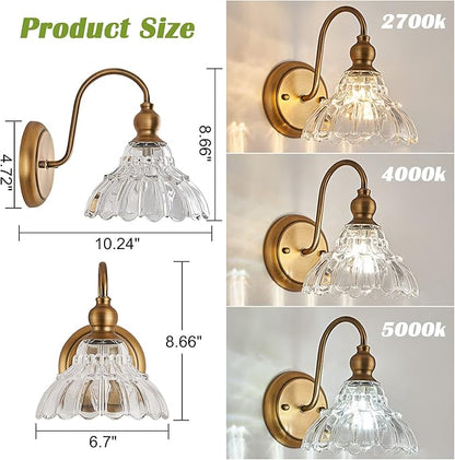 Vintage Brass Wall Sconce Bronze Bathroom Wall Light Made of Electroplated Copper Body and Pressed Patterned Glass Retro Vanity Lights for Bedroom, Doorway, Hallway