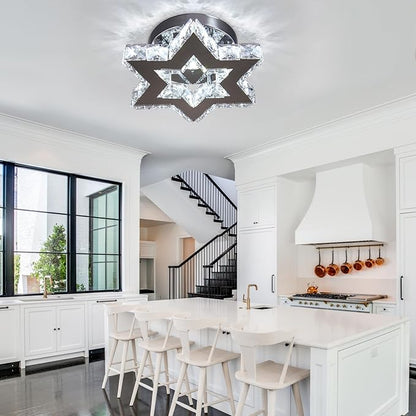 Mini LED Crystal Chandelier - Modern Dimmable Flush Mount Ceiling Light Fixture with Remote - Small Star Chandelier for Hallway, Foyer, Kitchen, Stair, Closet - 3 Colors Adjustable