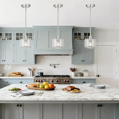 Brushed Nickel Pendant Lights Kitchen Island, 1-Light Modern Clear Glass Hanging Light Fixtures with Rods, Mini Kitchen Pendant Lighting Over Island for Sink Bathroom, OS-YQ8153-1PBNC