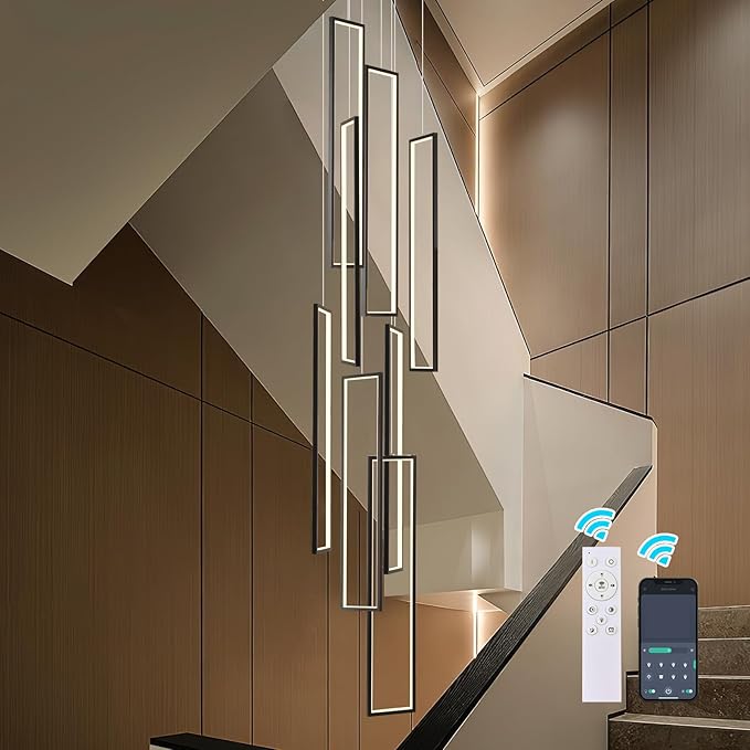 GEADI Foyer Chandelier for High Ceilings, 8-Light Modern Dimmable LED High Ceiling Pendant Light Fixture with Remote Control, Black Large Chandelier for Entryway, 3000-6500K
