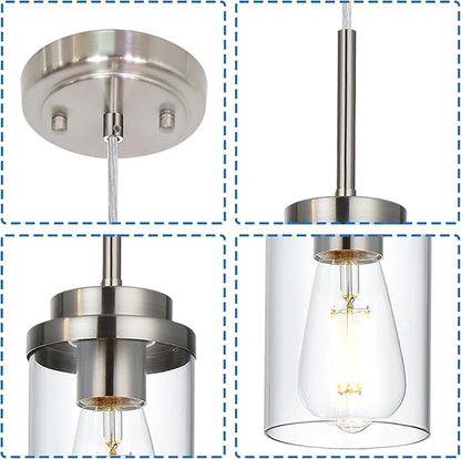 MELUCEE 3 Pack Hanging Pendant Lighting Fixtures Brushed Nickel, Adjustable Hanging Ceiling Lamp with Clear Glass Shade, Modern Pendant Light for Kitchen Island Dining Room Hallway