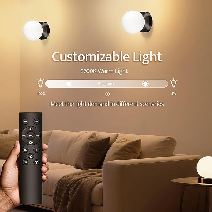 Battery Operated Wall Sconce, Dimmable Wireless Black Wall Lamp with 5200mAh Rechargeable Battery, Portables Cordless Wall Light Fixtures for Painting Living Room Bedroom Bathroom Hallway
