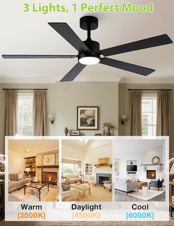 Black Ceiling Fans with Lights, 52 Inch Modern Ceiling Fan with Remote Outdoor Ceiling Fan for Bedroom, Living Room,High CFM Ceiling Fans with 3CCT LED Lights Kit, Quiet DC Motor, Timer