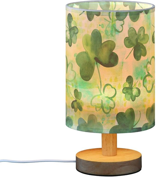 Clover Irish Shamrock on Patchwork St Patricks Day Table Lamp with Wood Base Fabric Lamp Shade Bedside Nightstand Desk Lamp for Living Room Bedroom Kids Room Office