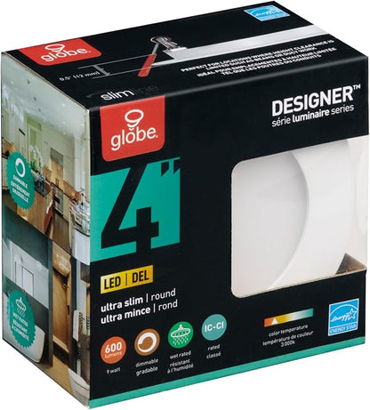GLOBE Electric 91119 4" Ultra Slim LED Integrated Recessed Lighting Kit, 540 Lumens Each, 9 Watts, Energy Star, IC Rated, Dimmable, Wet Rated, White, 4.25" Hole Size, Bathroom Lights | (Pack of 12)
