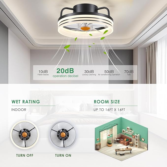 Mpayel Ceiling Fans with Lights and Remote - Flush Mount Low Profile Ceiling Fans - 13” Bladeless Enclosed Ceiling Fans with Led Light and Stepless Dimming, Small Modern Ceiling Fan for Bedroom