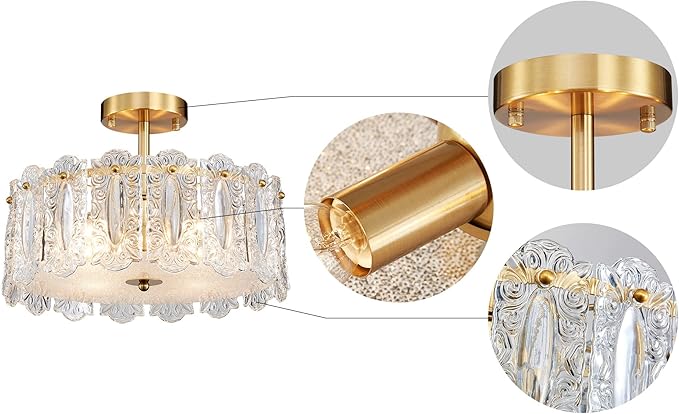 AGV LIGHTING Elegant Glass Chandelier Ceiling Light Fixture, Semi Flush Mount Ceiling Light for Bedroom, Modern Vintage Lighting, D15 x H10, Brass Gold Finish