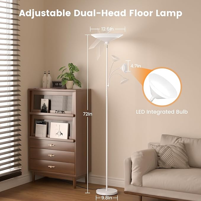 SIBRILLE Upgraded 2-Light Torchiere Floor Lamp - 34W Color Changing Standing Lamp with Remote, Rotatable Floor Reading Light, Modern Standing Light with for Living Room Bedroom Office, White