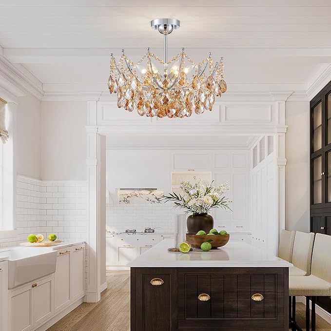 Crystal Ceiling Light Fixture, Modern Flush Mount Chandelier, 6-Lights Crystal Close to Ceiling Light, Chrome Hallway Light Fixtures for Bedroom Kitchen Entryway Bathroom Dining Room Living Room
