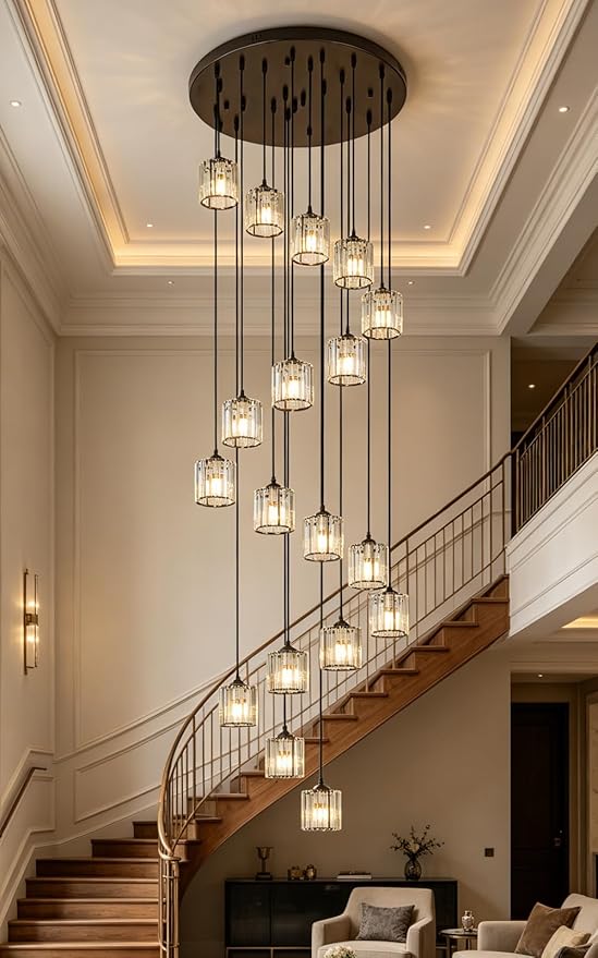 Long Chandeliers for High Ceilings,Modern Crystal Pendant Light,Raindrop Drop Lamp,Hanging Flush Mount Lighting Fixtures for Spiral Staircase,Foyer,Entryway,Living Room,Black (18 Lights)