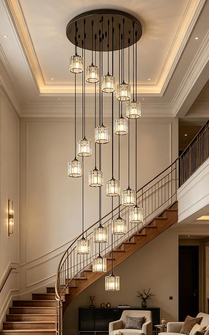 Long Chandeliers for High Ceilings,Modern Crystal Pendant Light,Raindrop Drop Lamp,Hanging Flush Mount Lighting Fixtures for Spiral Staircase,Foyer,Entryway,Living Room,Black (18 Lights)