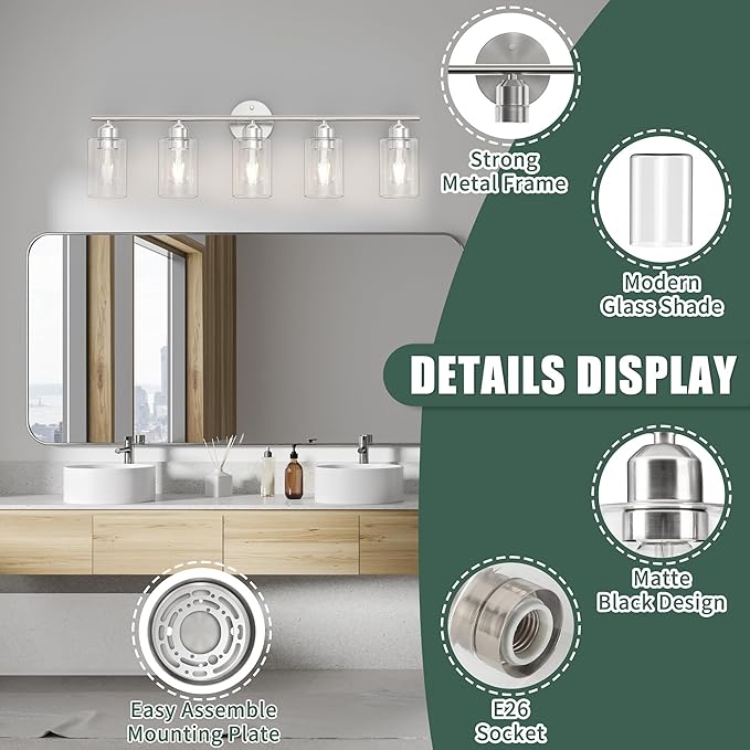 Bathroom Vanity Light Fixtures Brushed Nickel Bathroom Lighting Fixture, 5 Lights Bathroom Light Fixture Over Mirror, Modern Black Vanity Light, Wall Sconces with Glass Shades